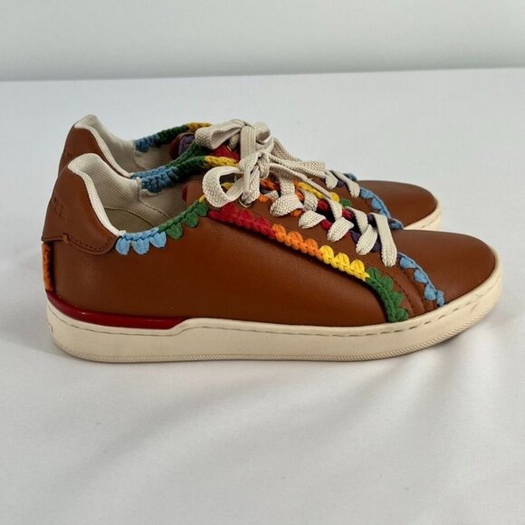 Coach Lowline Low Top Sneaker Size 6 With Rainbow Crochet Brown Leather - Picture 2 of 15
